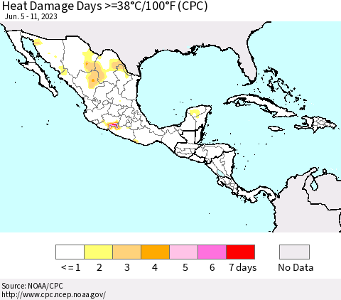 Mexico Central America and the Caribbean Heat Damage Days >=38°C/100°F (CPC) Thematic Map For 6/5/2023 - 6/11/2023
