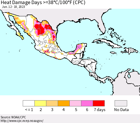 Mexico Central America and the Caribbean Heat Damage Days >=38°C/100°F (CPC) Thematic Map For 6/12/2023 - 6/18/2023