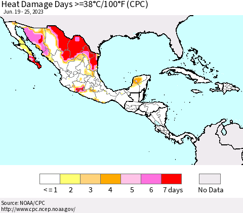 Mexico Central America and the Caribbean Heat Damage Days >=38°C/100°F (CPC) Thematic Map For 6/19/2023 - 6/25/2023