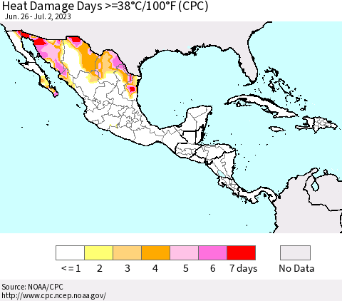 Mexico Central America and the Caribbean Heat Damage Days >=38°C/100°F (CPC) Thematic Map For 6/26/2023 - 7/2/2023