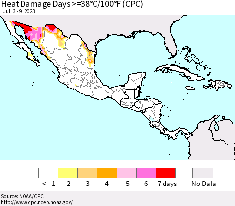 Mexico Central America and the Caribbean Heat Damage Days >=38°C/100°F (CPC) Thematic Map For 7/3/2023 - 7/9/2023