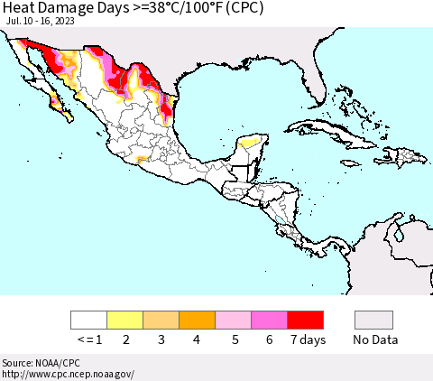Mexico Central America and the Caribbean Heat Damage Days >=38°C/100°F (CPC) Thematic Map For 7/10/2023 - 7/16/2023