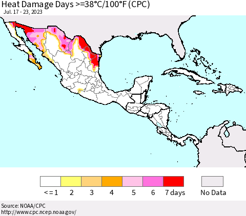 Mexico Central America and the Caribbean Heat Damage Days >=38°C/100°F (CPC) Thematic Map For 7/17/2023 - 7/23/2023