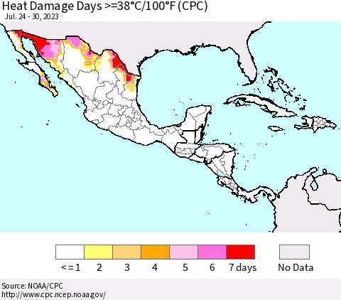 Mexico Central America and the Caribbean Heat Damage Days >=38°C/100°F (CPC) Thematic Map For 7/24/2023 - 7/30/2023