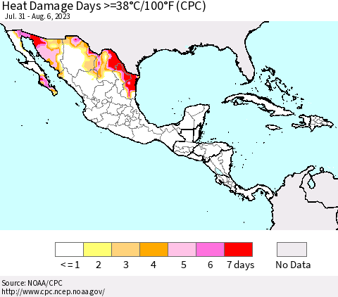 Mexico Central America and the Caribbean Heat Damage Days >=38°C/100°F (CPC) Thematic Map For 7/31/2023 - 8/6/2023