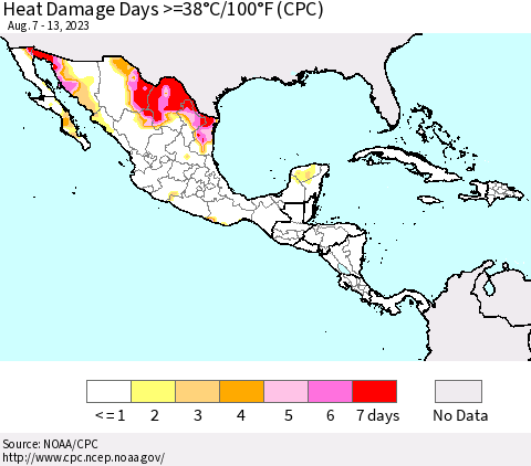 Mexico Central America and the Caribbean Heat Damage Days >=38°C/100°F (CPC) Thematic Map For 8/7/2023 - 8/13/2023