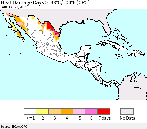 Mexico Central America and the Caribbean Heat Damage Days >=38°C/100°F (CPC) Thematic Map For 8/14/2023 - 8/20/2023