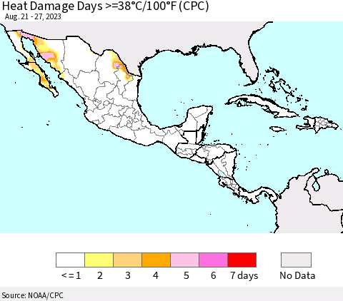 Mexico Central America and the Caribbean Heat Damage Days >=38°C/100°F (CPC) Thematic Map For 8/21/2023 - 8/27/2023