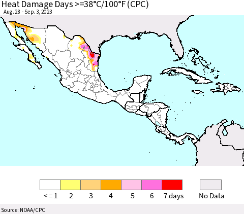 Mexico Central America and the Caribbean Heat Damage Days >=38°C/100°F (CPC) Thematic Map For 8/28/2023 - 9/3/2023