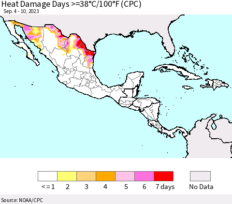 Mexico Central America and the Caribbean Heat Damage Days >=38°C/100°F (CPC) Thematic Map For 9/4/2023 - 9/10/2023