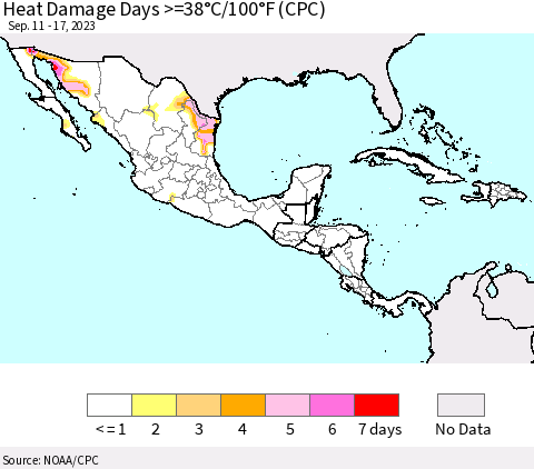 Mexico Central America and the Caribbean Heat Damage Days >=38°C/100°F (CPC) Thematic Map For 9/11/2023 - 9/17/2023