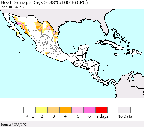 Mexico Central America and the Caribbean Heat Damage Days >=38°C/100°F (CPC) Thematic Map For 9/18/2023 - 9/24/2023
