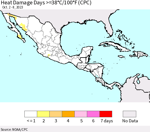 Mexico Central America and the Caribbean Heat Damage Days >=38°C/100°F (CPC) Thematic Map For 10/2/2023 - 10/8/2023