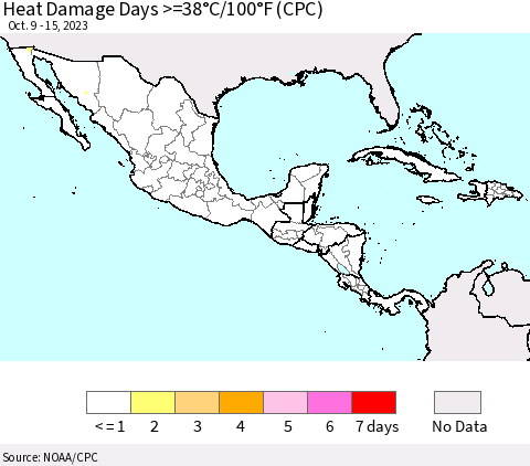 Mexico Central America and the Caribbean Heat Damage Days >=38°C/100°F (CPC) Thematic Map For 10/9/2023 - 10/15/2023