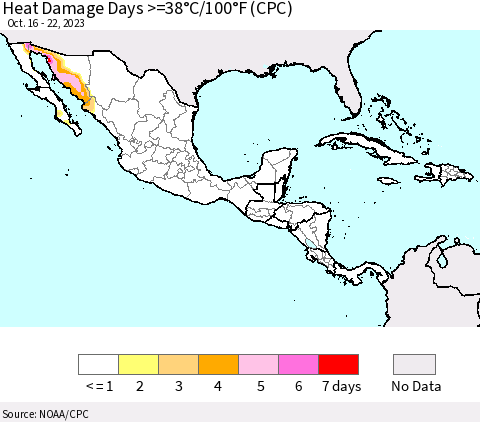 Mexico Central America and the Caribbean Heat Damage Days >=38°C/100°F (CPC) Thematic Map For 10/16/2023 - 10/22/2023