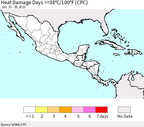 Mexico Central America and the Caribbean Heat Damage Days >=38°C/100°F (CPC) Thematic Map For 10/23/2023 - 10/29/2023