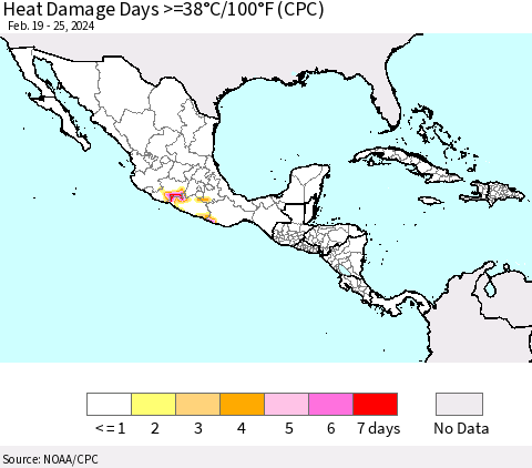Mexico Central America and the Caribbean Heat Damage Days >=38°C/100°F (CPC) Thematic Map For 2/19/2024 - 2/25/2024