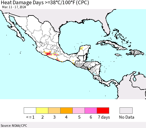 Mexico Central America and the Caribbean Heat Damage Days >=38°C/100°F (CPC) Thematic Map For 3/11/2024 - 3/17/2024
