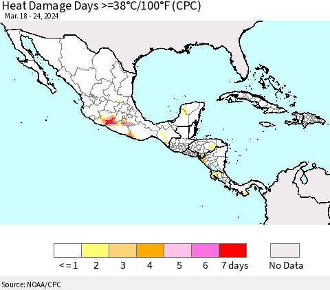 Mexico Central America and the Caribbean Heat Damage Days >=38°C/100°F (CPC) Thematic Map For 3/18/2024 - 3/24/2024