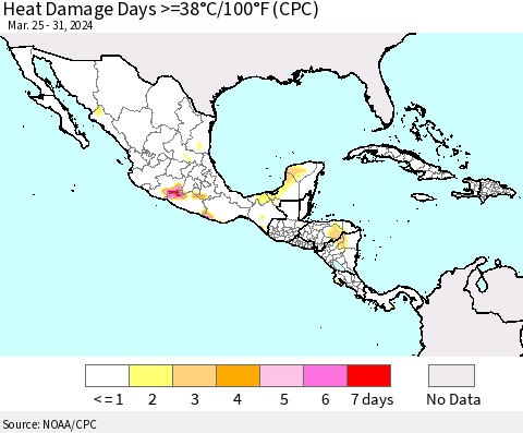 Mexico Central America and the Caribbean Heat Damage Days >=38°C/100°F (CPC) Thematic Map For 3/25/2024 - 3/31/2024