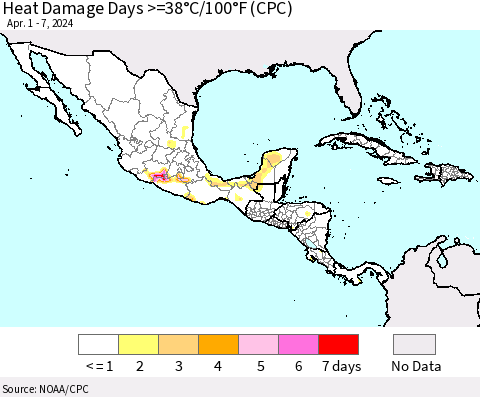 Mexico Central America and the Caribbean Heat Damage Days >=38°C/100°F (CPC) Thematic Map For 4/1/2024 - 4/7/2024