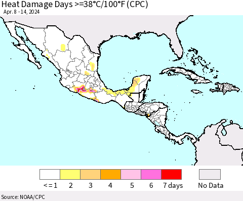 Mexico Central America and the Caribbean Heat Damage Days >=38°C/100°F (CPC) Thematic Map For 4/8/2024 - 4/14/2024
