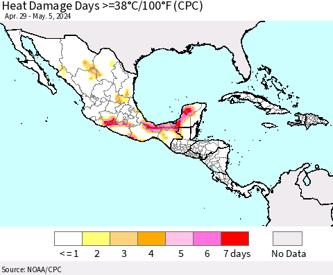 Mexico Central America and the Caribbean Heat Damage Days >=38°C/100°F (CPC) Thematic Map For 4/29/2024 - 5/5/2024