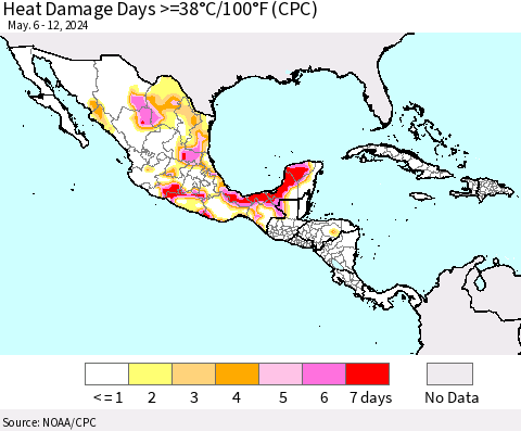 Mexico Central America and the Caribbean Heat Damage Days >=38°C/100°F (CPC) Thematic Map For 5/6/2024 - 5/12/2024