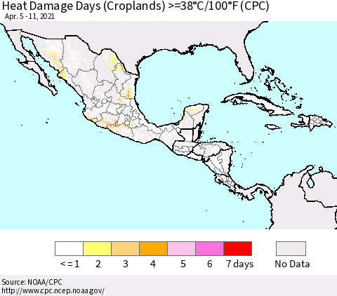 Mexico Central America and the Caribbean Heat Damage Days (Croplands) >=38°C/100°F (CPC) Thematic Map For 4/5/2021 - 4/11/2021