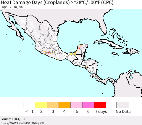 Mexico Central America and the Caribbean Heat Damage Days (Croplands) >=38°C/100°F (CPC) Thematic Map For 4/12/2021 - 4/18/2021