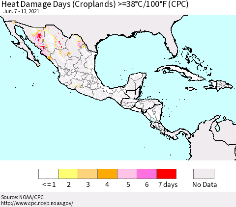 Mexico Central America and the Caribbean Heat Damage Days (Croplands) >=38°C/100°F (CPC) Thematic Map For 6/7/2021 - 6/13/2021