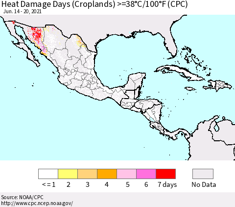 Mexico Central America and the Caribbean Heat Damage Days (Croplands) >=38°C/100°F (CPC) Thematic Map For 6/14/2021 - 6/20/2021