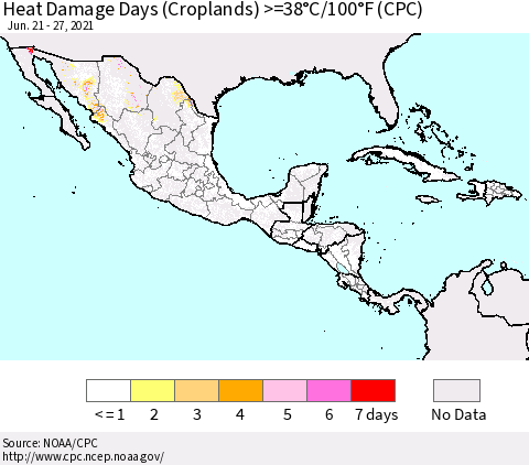 Mexico Central America and the Caribbean Heat Damage Days (Croplands) >=38°C/100°F (CPC) Thematic Map For 6/21/2021 - 6/27/2021