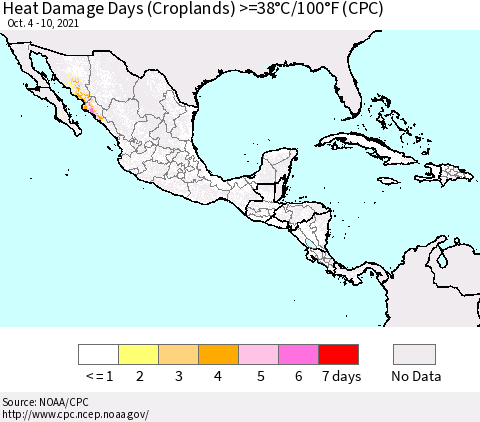 Mexico Central America and the Caribbean Heat Damage Days (Croplands) >=38°C/100°F (CPC) Thematic Map For 10/4/2021 - 10/10/2021