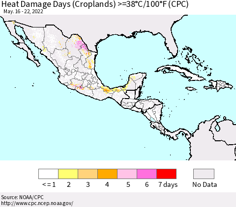 Mexico Central America and the Caribbean Heat Damage Days (Croplands) >=38°C/100°F (CPC) Thematic Map For 5/16/2022 - 5/22/2022