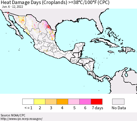 Mexico Central America and the Caribbean Heat Damage Days (Croplands) >=38°C/100°F (CPC) Thematic Map For 6/6/2022 - 6/12/2022