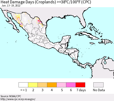 Mexico Central America and the Caribbean Heat Damage Days (Croplands) >=38°C/100°F (CPC) Thematic Map For 6/13/2022 - 6/19/2022