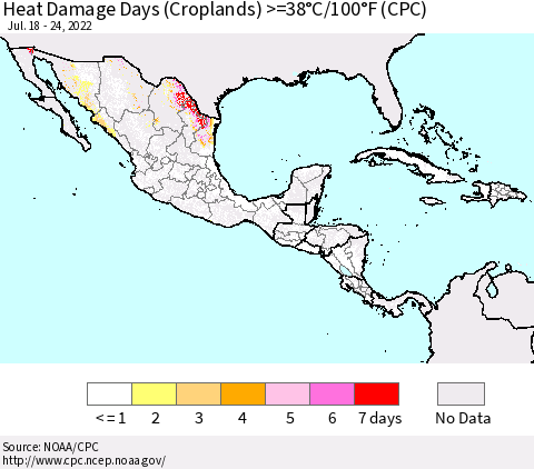 Mexico Central America and the Caribbean Heat Damage Days (Croplands) >=38°C/100°F (CPC) Thematic Map For 7/18/2022 - 7/24/2022