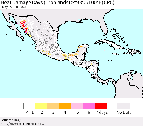 Mexico Central America and the Caribbean Heat Damage Days (Croplands) >=38°C/100°F (CPC) Thematic Map For 5/22/2023 - 5/28/2023