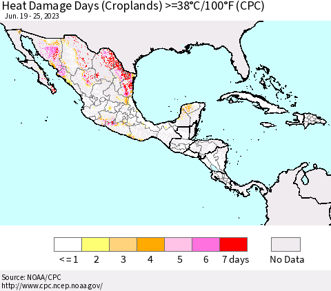Mexico Central America and the Caribbean Heat Damage Days (Croplands) >=38°C/100°F (CPC) Thematic Map For 6/19/2023 - 6/25/2023