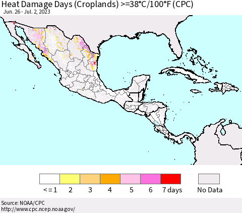 Mexico Central America and the Caribbean Heat Damage Days (Croplands) >=38°C/100°F (CPC) Thematic Map For 6/26/2023 - 7/2/2023