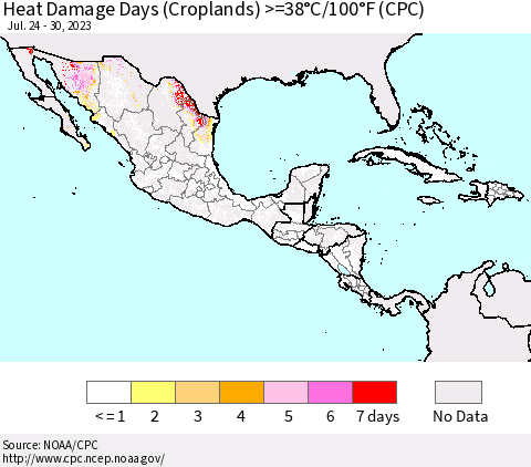 Mexico Central America and the Caribbean Heat Damage Days (Croplands) >=38°C/100°F (CPC) Thematic Map For 7/24/2023 - 7/30/2023