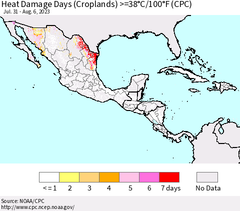 Mexico Central America and the Caribbean Heat Damage Days (Croplands) >=38°C/100°F (CPC) Thematic Map For 7/31/2023 - 8/6/2023