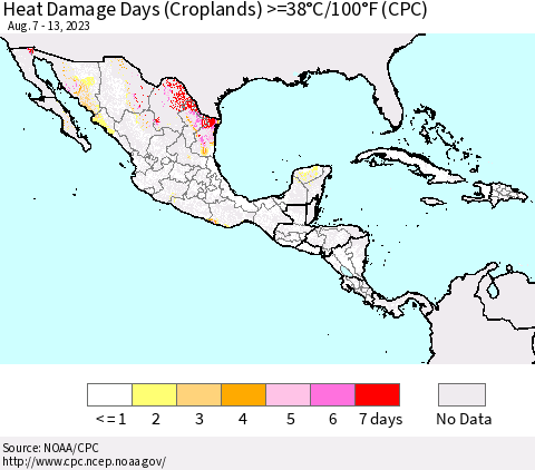 Mexico Central America and the Caribbean Heat Damage Days (Croplands) >=38°C/100°F (CPC) Thematic Map For 8/7/2023 - 8/13/2023