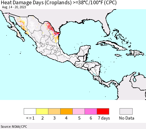 Mexico Central America and the Caribbean Heat Damage Days (Croplands) >=38°C/100°F (CPC) Thematic Map For 8/14/2023 - 8/20/2023