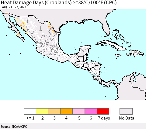 Mexico Central America and the Caribbean Heat Damage Days (Croplands) >=38°C/100°F (CPC) Thematic Map For 8/21/2023 - 8/27/2023