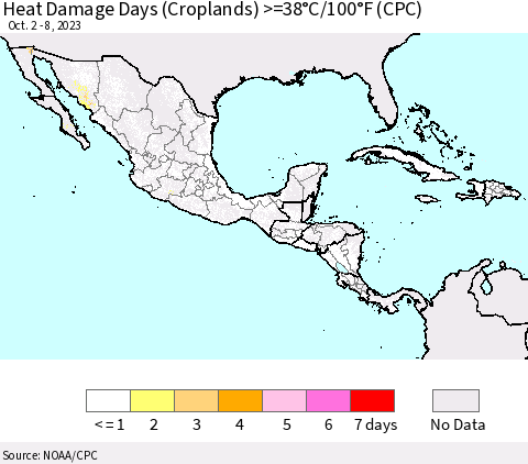 Mexico Central America and the Caribbean Heat Damage Days (Croplands) >=38°C/100°F (CPC) Thematic Map For 10/2/2023 - 10/8/2023