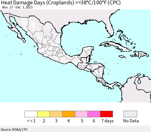 Mexico Central America and the Caribbean Heat Damage Days (Croplands) >=38°C/100°F (CPC) Thematic Map For 11/27/2023 - 12/3/2023