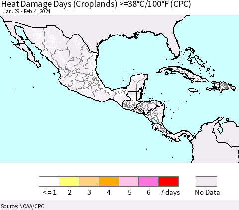 Mexico Central America and the Caribbean Heat Damage Days (Croplands) >=38°C/100°F (CPC) Thematic Map For 1/29/2024 - 2/4/2024