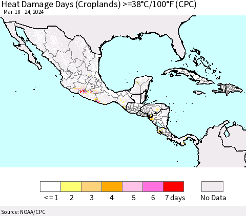 Mexico Central America and the Caribbean Heat Damage Days (Croplands) >=38°C/100°F (CPC) Thematic Map For 3/18/2024 - 3/24/2024